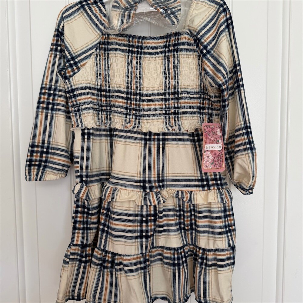NEW btween Toddler Girl Dress 4T Blue Gold Plaid Smocked Tiered Long Sleeve Bow